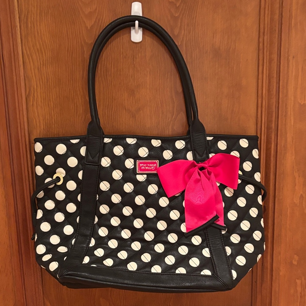 Betsey Johnson Black and White Polka Dot Tote with Pink Accent